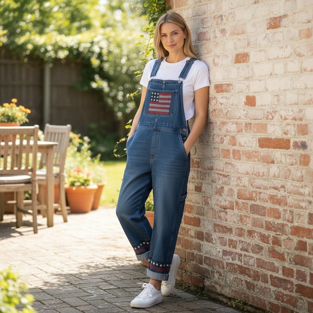 Mountain Lake Casuals Overalls Womens L Blue USA Flag Americana Denim‎ 1590